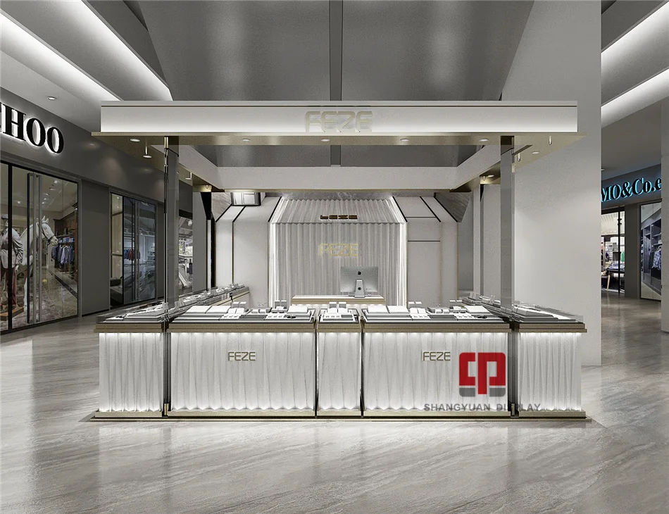 Fashion jewelry kiosk showcase customization jewelry store design wooden paint display cabinet manufacturer