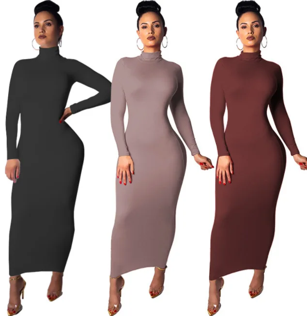 Casual Solid Color Dress Long Sleeve Elegant Bodycon Dresses Slim Plus Size 2XL Turtle Neck Winter Clothing