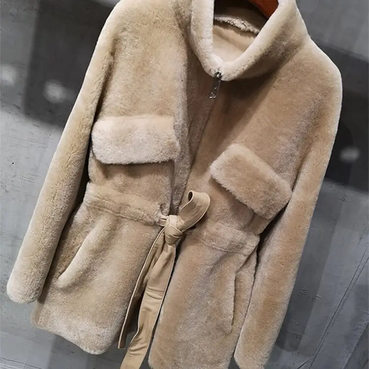 Womens Winter Warm Tweed Leather Jacket Ladies Fashion Oversized Sheep Fur Overcoat Real Woolen Long Coat