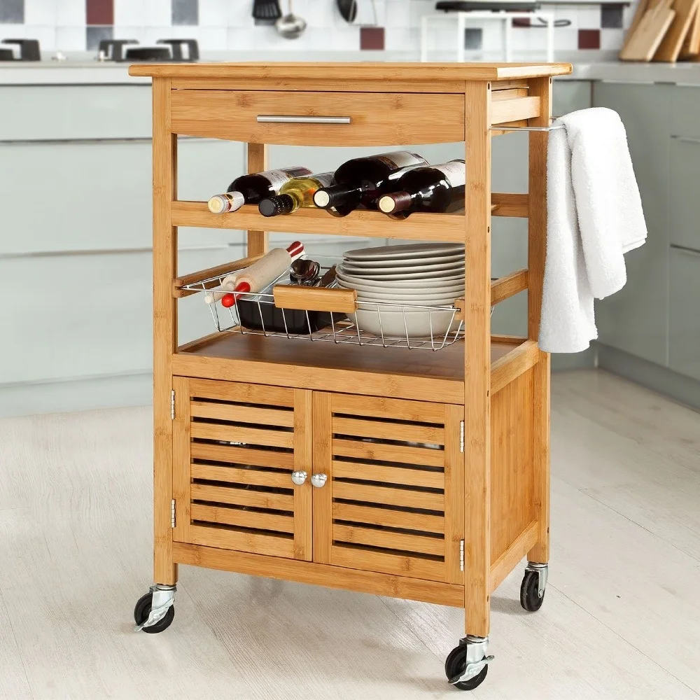 Modern Rustic Bamboo Kitchen Dining Cart Trolley with Sliding Drawer, Bottom Shelf and Metal Wire Baskets