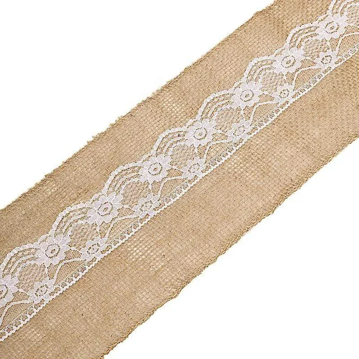 5x108 in Natural Burlap Chair Sash with White Floral Lace