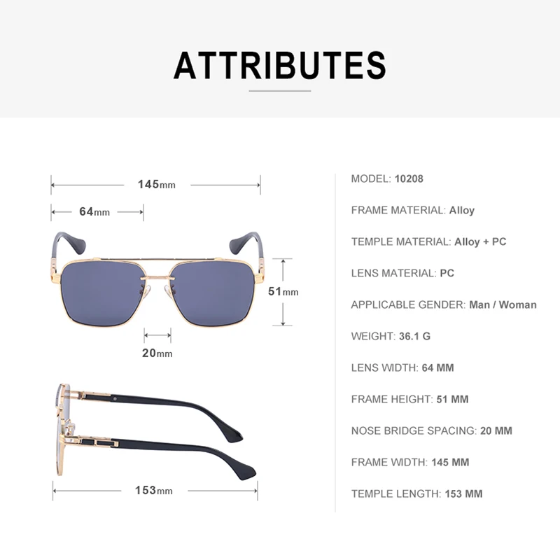 Luxury brand designer oversized double bridge man sunglasses vintage square metal women shades