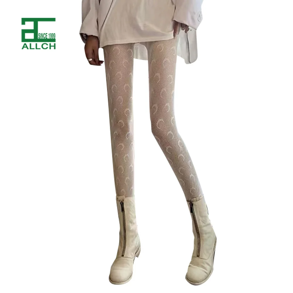 ALLCH RTS Fashion Sexy Women Spring Summer Panty Tights Stockings Pantyhose Knitting Moon Pattern Ladies Fishnet Black White