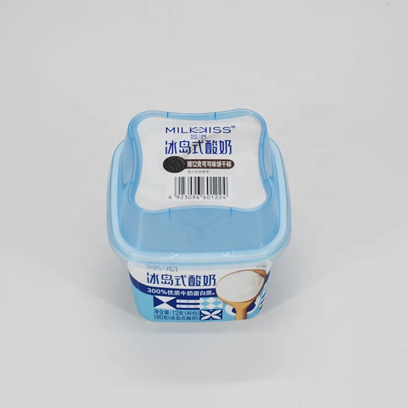 In mold labeling microwavable plastic container PP material square plastic desert cup with lid for yogurt/ ice cream