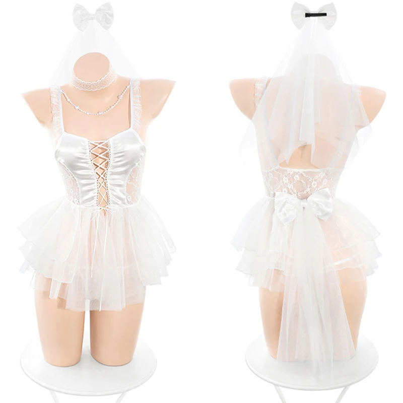 Pearl chain link front strap white bridal suit wedding sexy underwear uniform women lingerie costume 6631