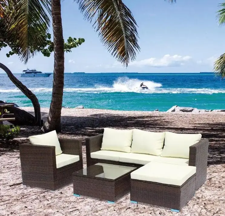 6 Pcs UV Resistant Rattan Garden Furniture Corner Sofa Set Waterproof Cushion Covers Table with Tempered Glass