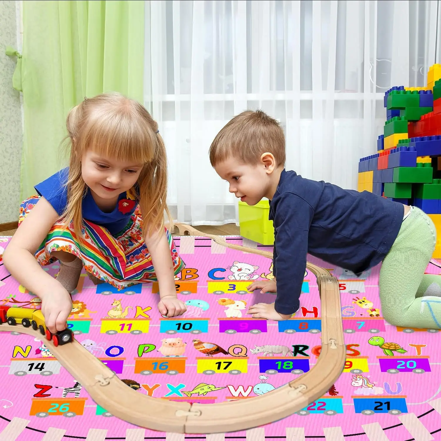 Kids ABC Pink Play Rug Alphabet Rugs with Numbers Animal Train and Road Shapes Learning Fun Educational Carpet Play mat for Kids