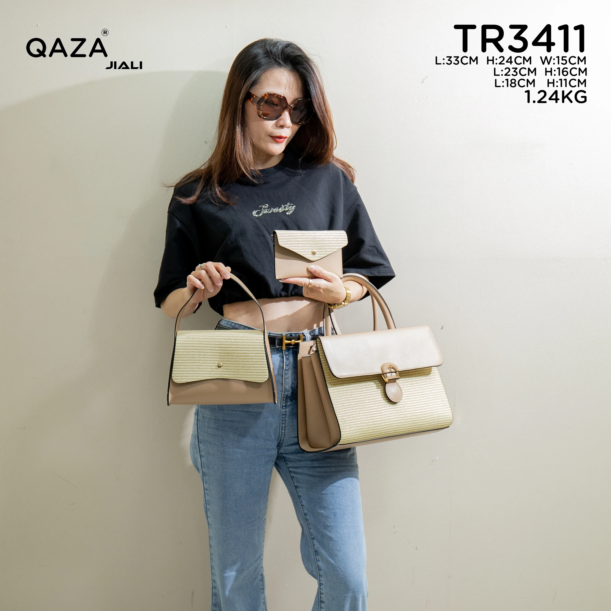Jiali QAZA Luxury woman tote handbag fashion tote bag wallet and Zipper  PU Leather Tote Bag For Women