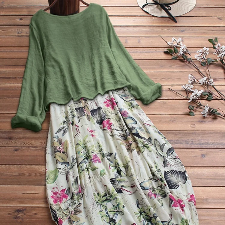 Hot Sale Floral Print Dress Green Linen Blend Top & White Floral Linen Blend Midi Long Floral Dress