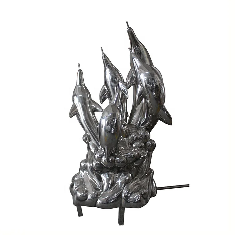Custom Garden Sculpture Life Size Mirror Polishing Stainless steel Dolphins Water Fountain