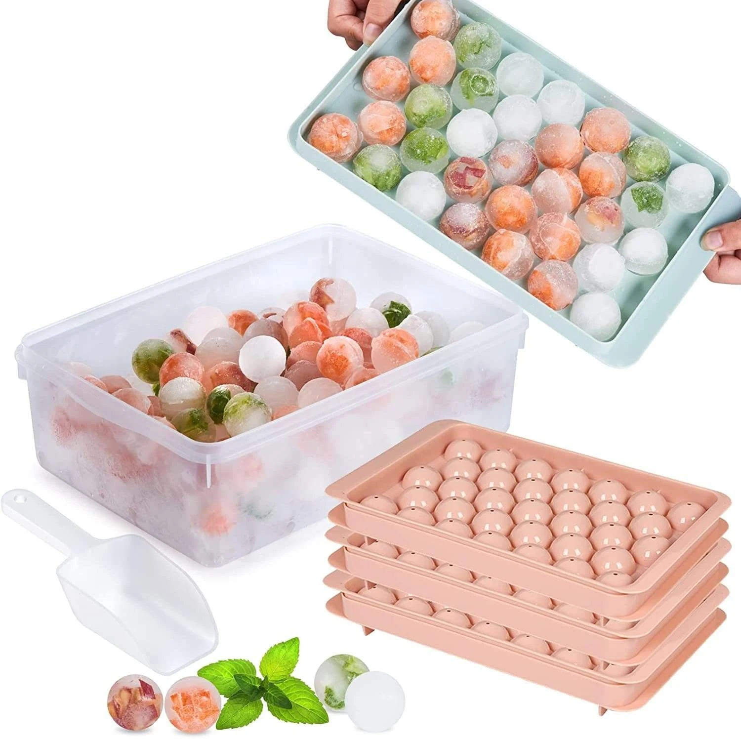 Amazon TOP Seller BPA Free Ice Ball Maker Mold Plastic Mini Round Ice Cube Tray With Lid Bin and Scoop
