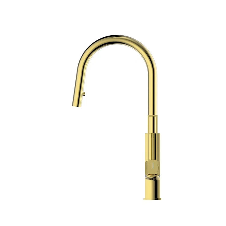 New Design Brushed Gold Brass Deck Mount Pull Down Sink Mixer Tap Kitchen Faucet