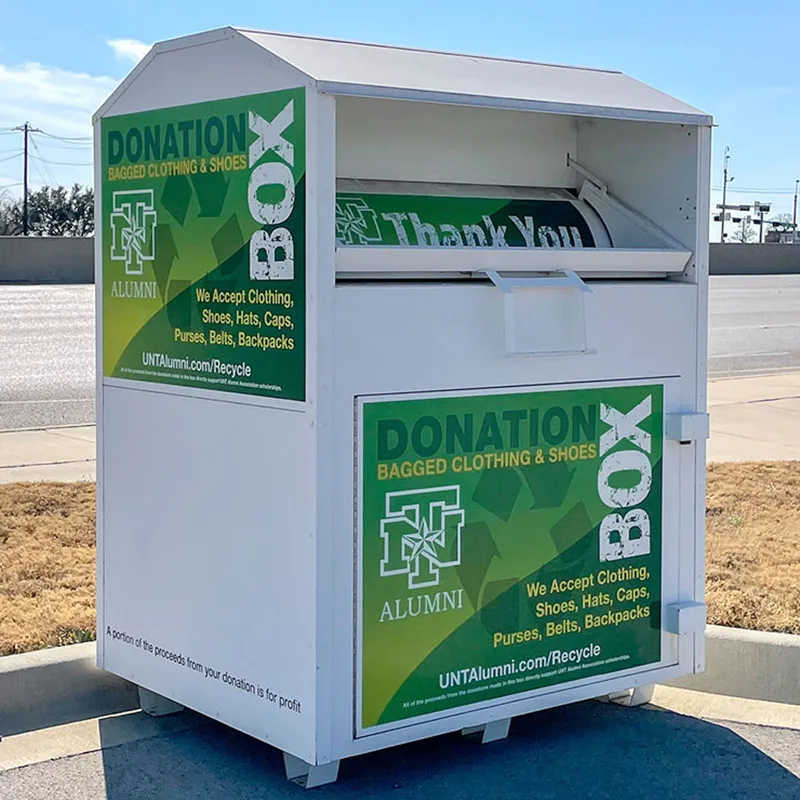 custom design outdoor galvanized steel security clothes donation drop bin outside donation box metal used clothing recycling bin
