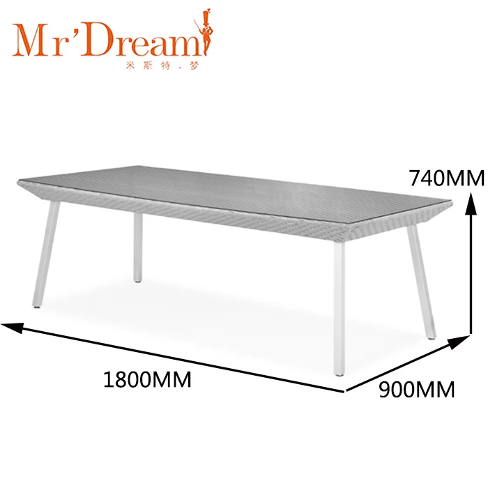 Garden aluminum frame rectangle dining table with clear glass outdoor furniture for villa