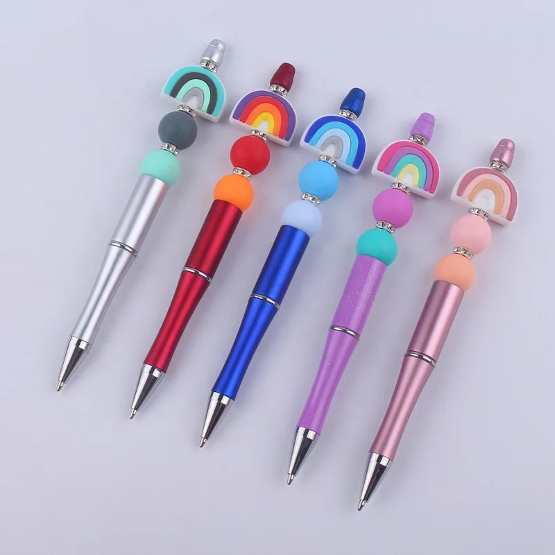 Popular Creative Focal Rhinestone Bead Pens Promotion DIY Silicone Beads And Charms Ballpoint Pen With Custom Print Logo