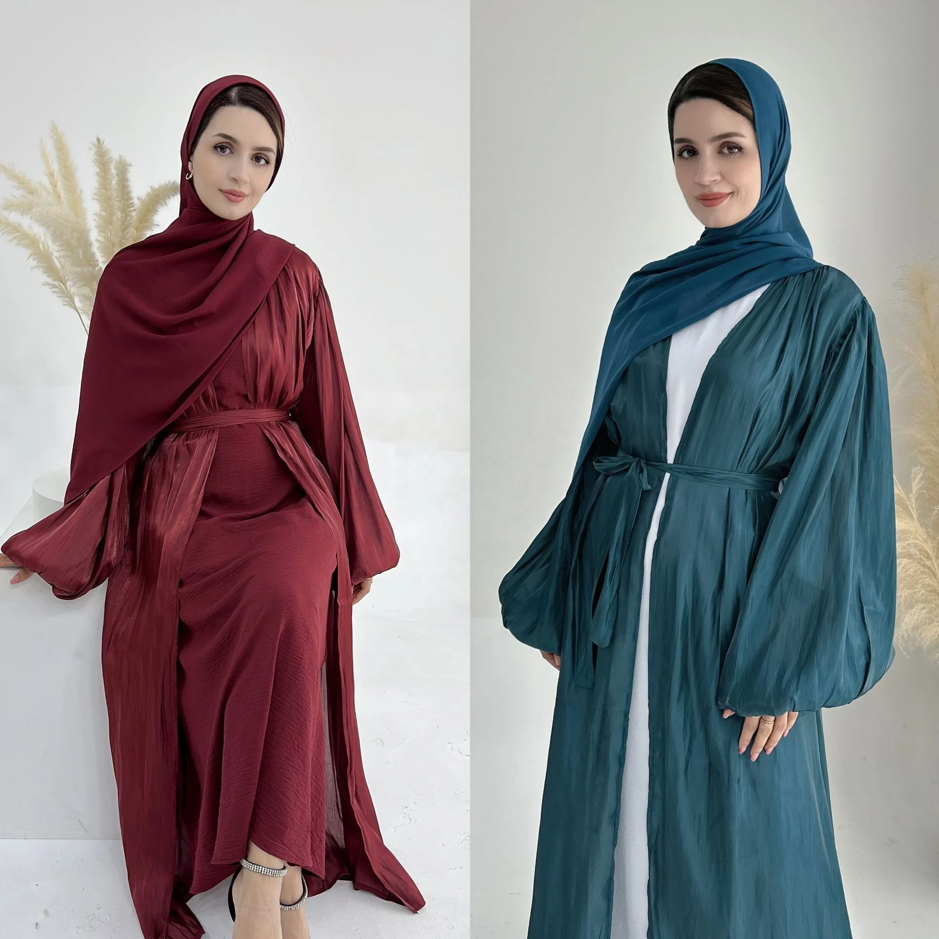 2024 Wholesale Turkish Luxury Modest Dubai Balloon Sleeve Women Muslim Dress Robe Shining Satin Silk Open Kimono Abaya