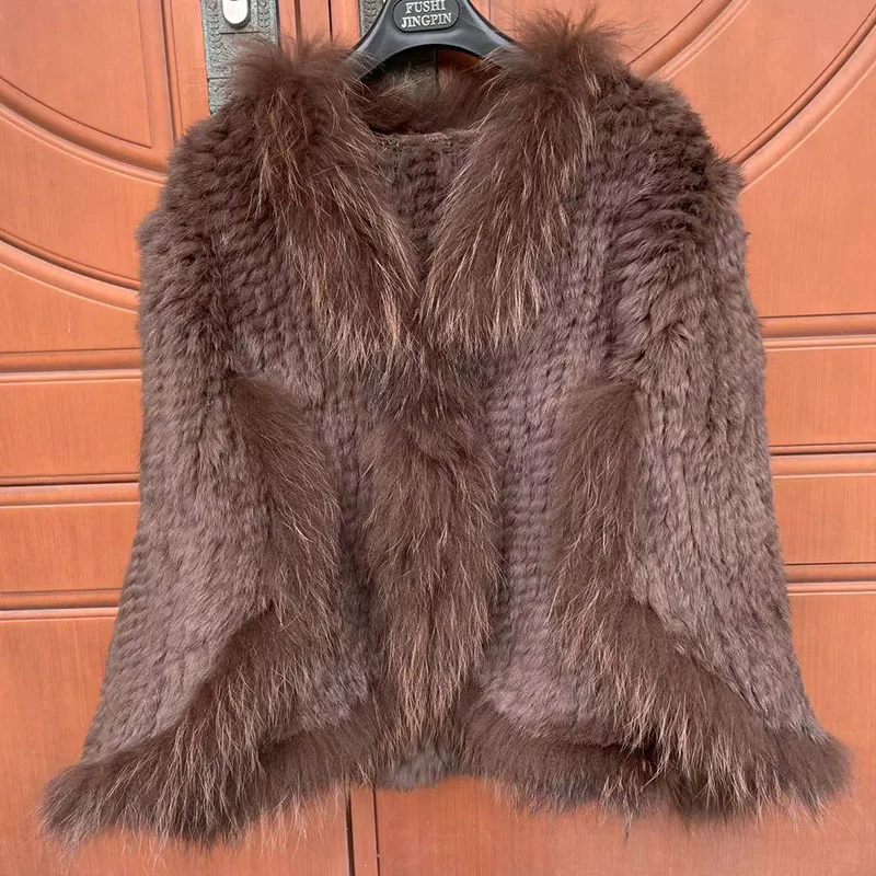 2024 Women Knitted Real Rabbit Fur Poncho Autumn Winter Genuine Fur Cape With Real Fox Fur Trimming