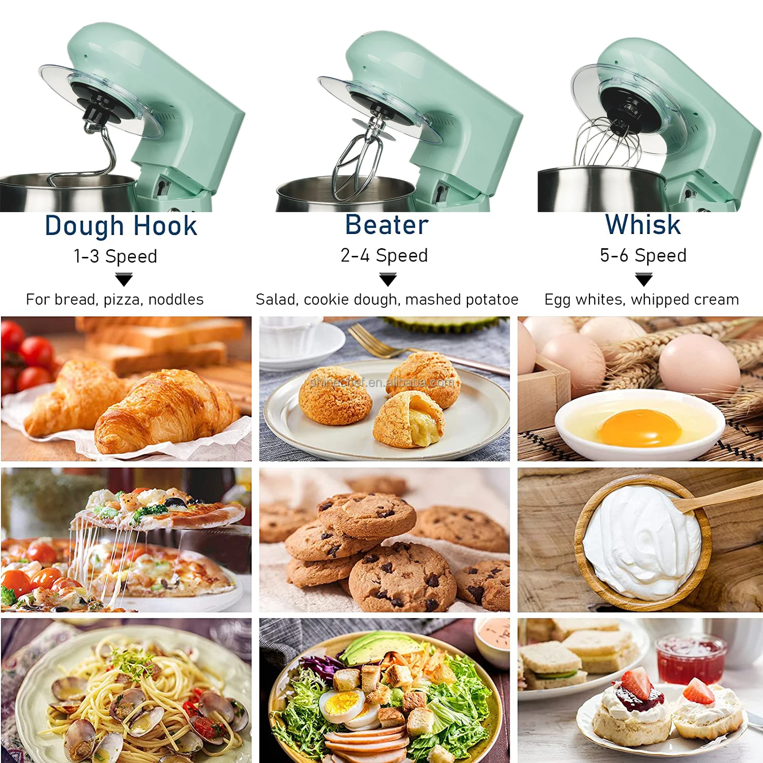 1300 Watts 3 In 1 Electric Food Mixer Planetary Pastry Master Kitchen Stand Mixer Green Color 5L Food Processor