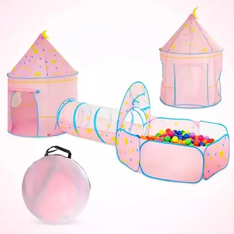 Pop Up Children Camping Tent  Custom Large Princess Castle 3 In 1 Combination Crawl Tunnel Kids Play Tent Set