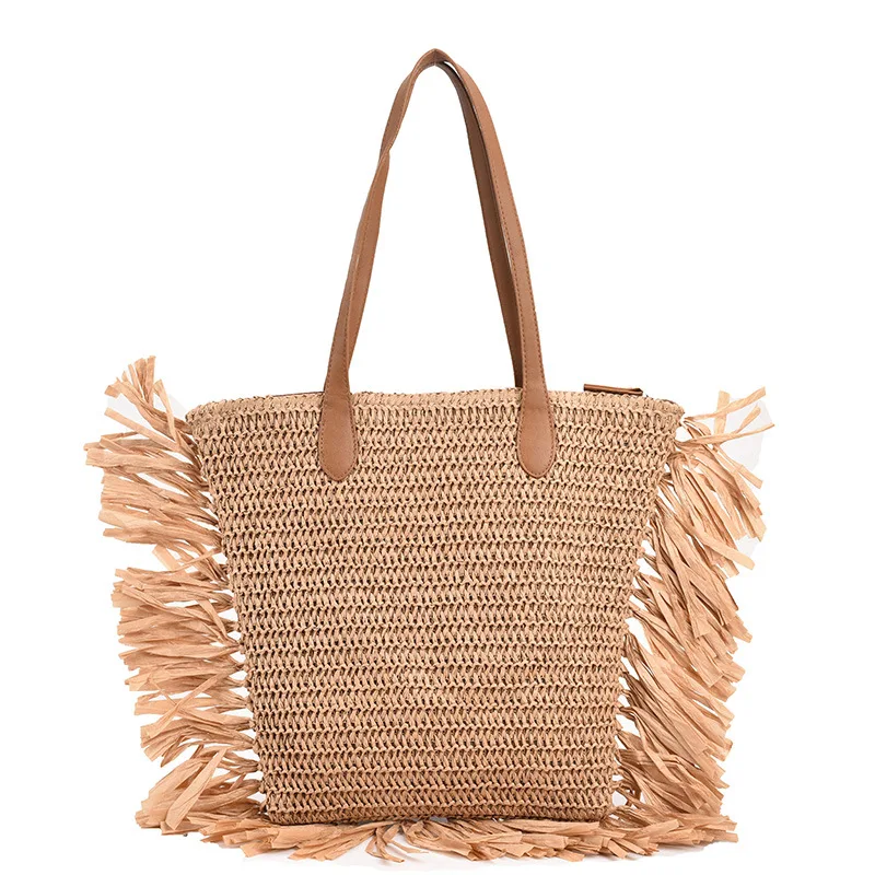 fashion new french womens summer beach handmade travel straw raffia tassel tote bag pouch bag with straw
