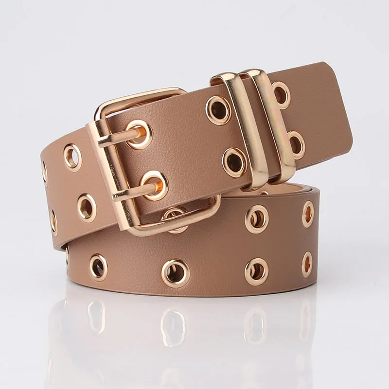 New Design Wide Waistband Double Grommet Hole Buckle Leather Belt Female Male Waist Strap Belts for Women Men Jeans