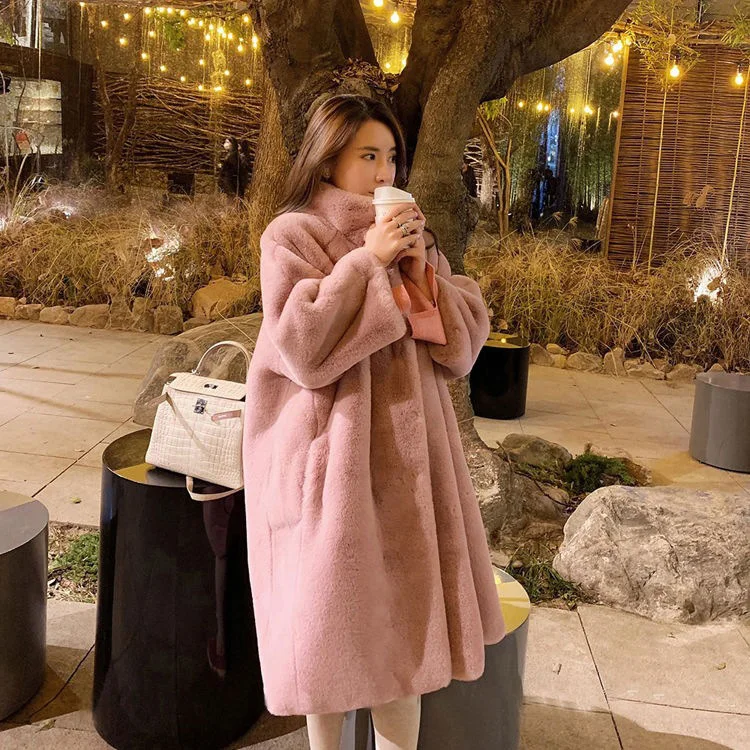 High Quality Winter Thick Pink Mink Fur Coat Women Soft Warm Long Faux Fur Coat