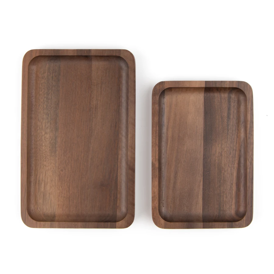 2024 Wholesale Custom Sizes Walnut Wooden Appetizer Desert Coffee Tea Serving Plate Rectangle Dishes for Home & Party
