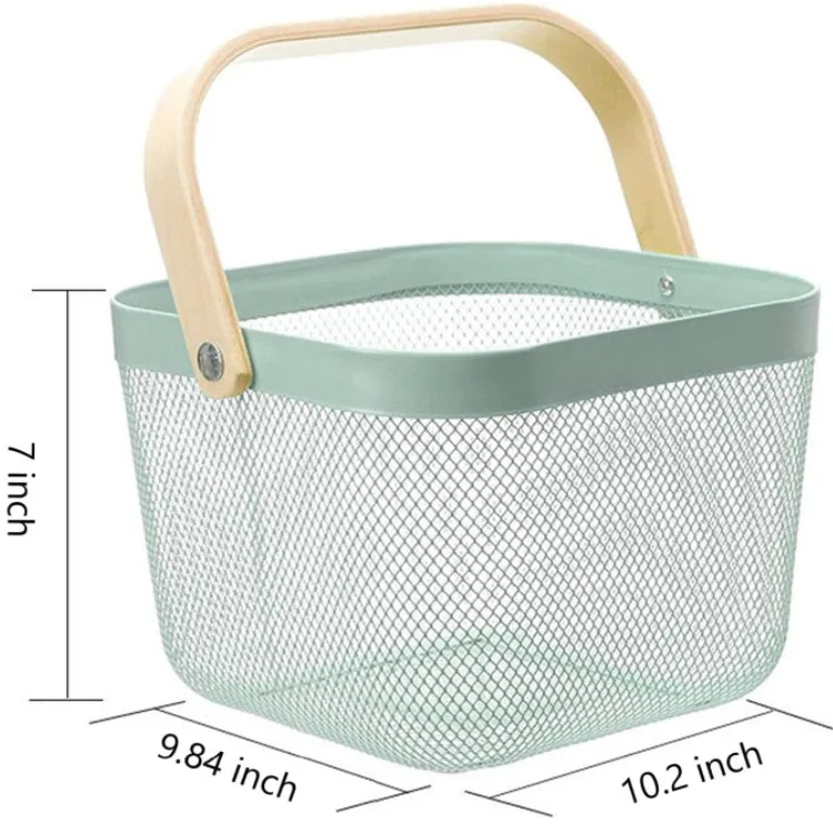 Mesh Steel Storage Organizer Basket Multi Functional Metal Wire Hanging Kitchen Baskets Fruit Basket With Bamboo Handle