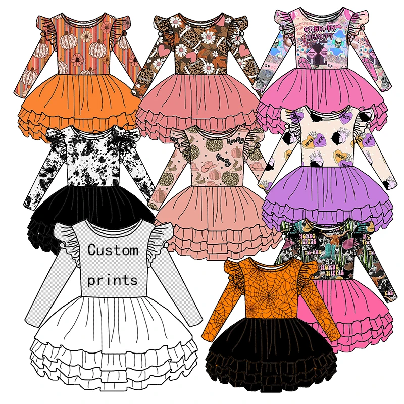 Wholesale Latest Custom Halloween Western printed Long frill sleeve soft fabric Girls Toddler Tutu dress