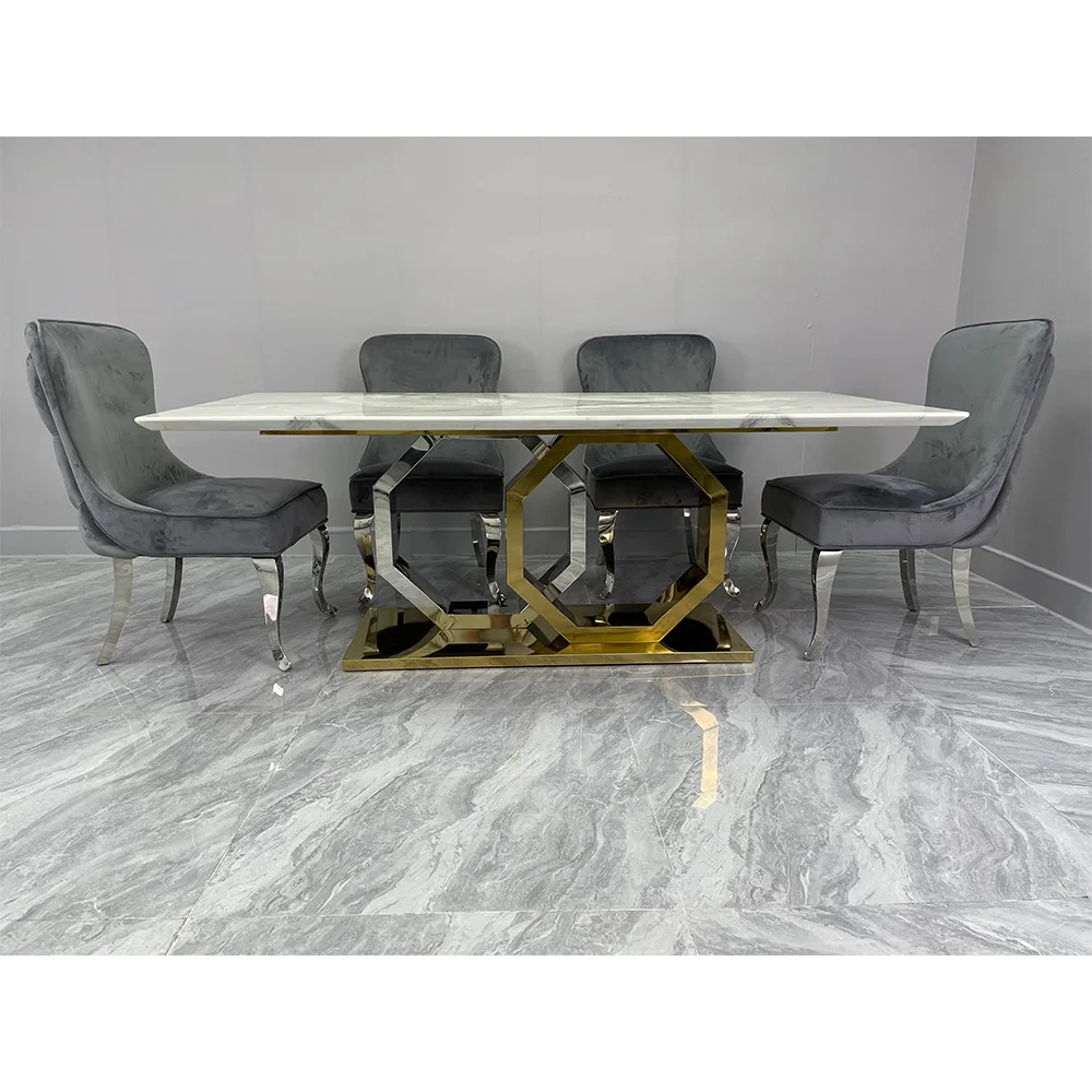 Современная мебель, наборы обеденных столов, роскошный набор обеденных столов из нержавеющей стали с мраморным основанием