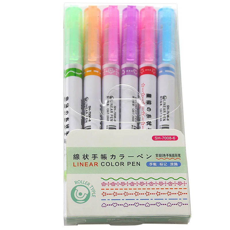 CHXN Creative 6-color Hand Ledger Lace Pen, Wave Pattern Fluorescent Pen, DIY Contour Curve Pen, Student Key Marker Pen Set HX