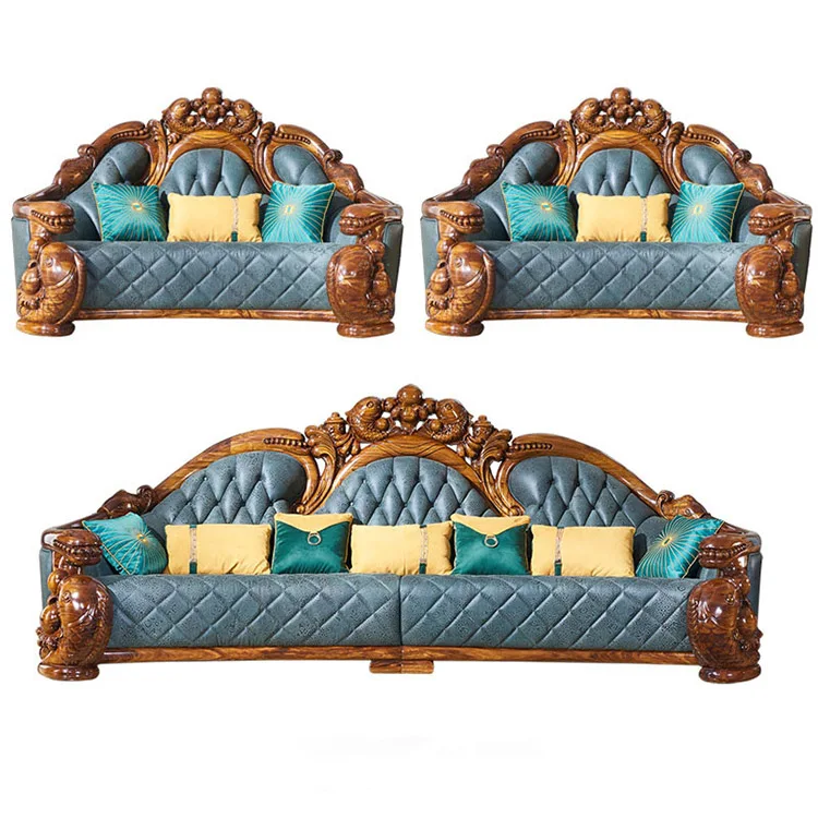 Factory ebony wood sofa european style villa genuine leather luxury carved sofa set American living room furniture