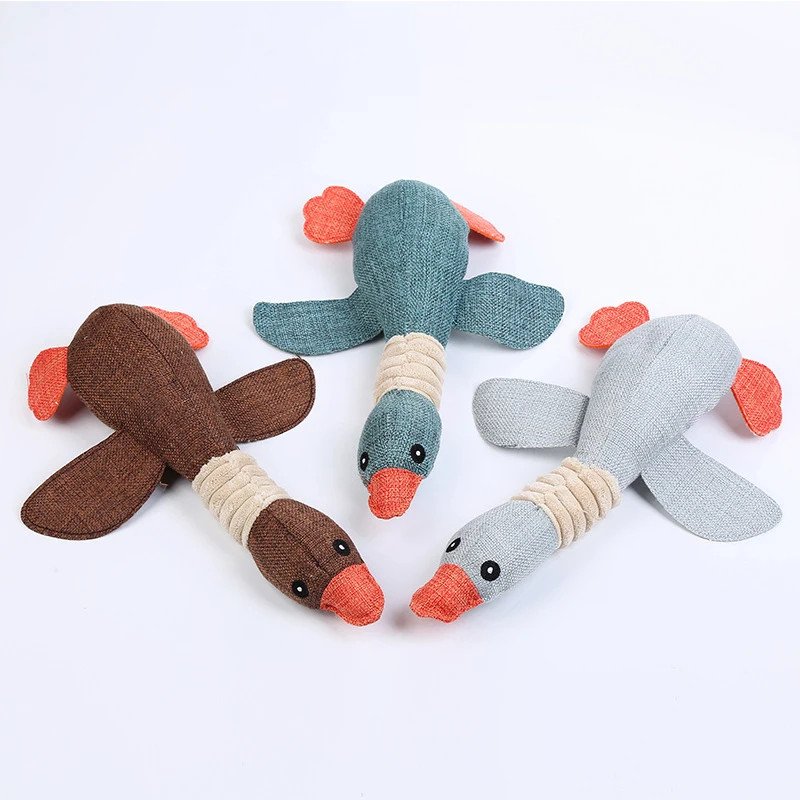 Wholesale Pet Dog Chew Toy Bite Resistant Goose Plush Stuffed Linen Squeaky Duck Dog Toy