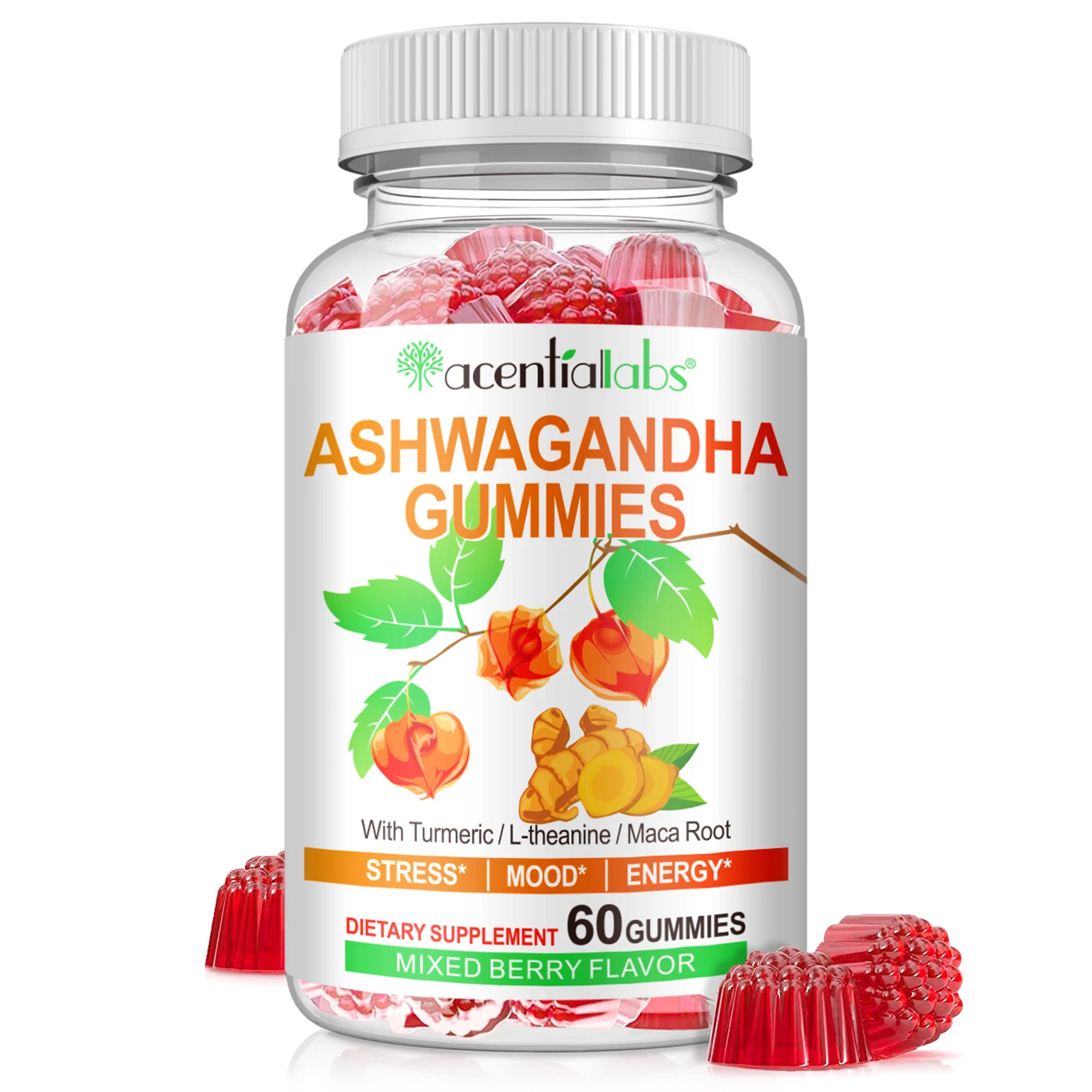 Acentiallabs turmeric relieve stress emotions vitamins ashwagandha extract gummies supplement ashwagandha gummies
