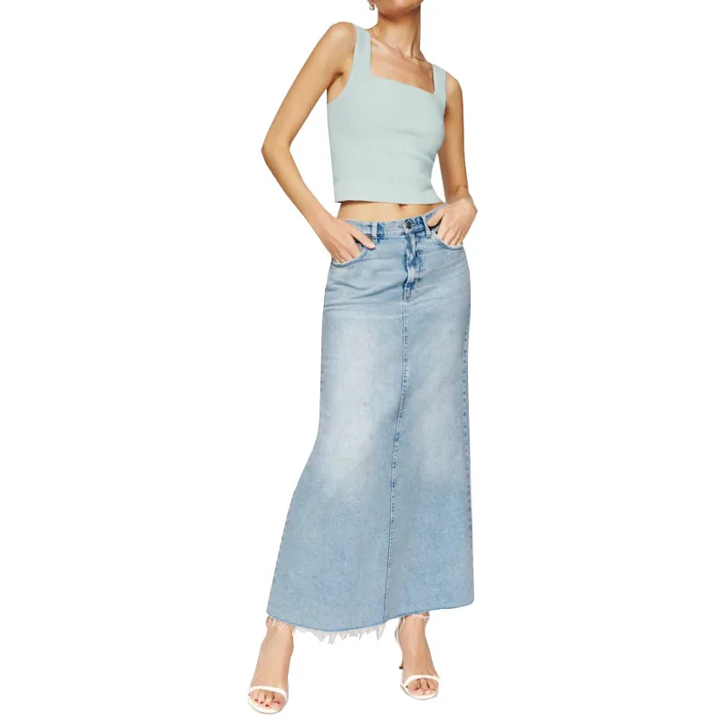Wholesale Fashion Light Blue Women Denim Long Skirts High Waist Washed Denim A-line Maxi Denim Skirt