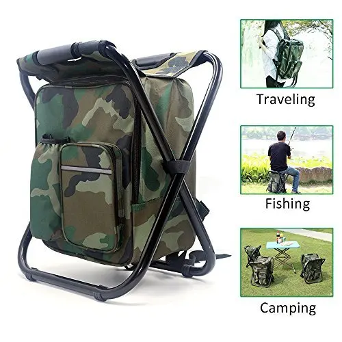 Folding Camping Chair Stool Backpack with Cooler Insulated Picnic Bag Hiking Camouflage Seat Table Bag Fishing Travel Beach BBQ