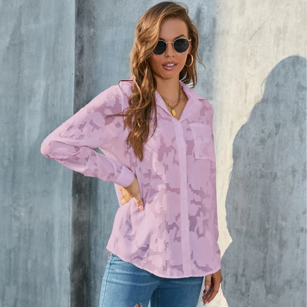 Hot Sale Jacquard Fabric Over Size Women Shirt Loose Fit Casual Chiffon Blouse Big Size Shirt