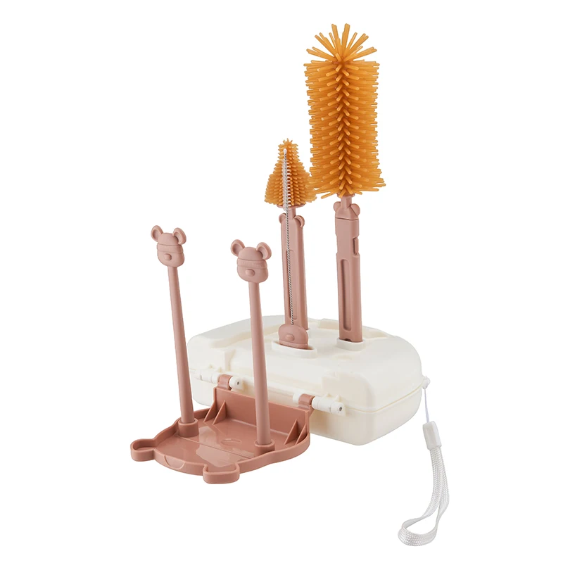 Hot Selling Food Grade Silicone Soft Bristle Baby Bottle Silicone Brush And Drain Rack