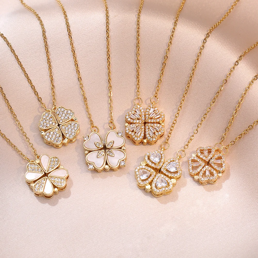 18K Gold Plated Four Leaf Clover Love Zircon Lucky Necklace Stainless Steel Jewelry Clover Pendant Necklace For Women