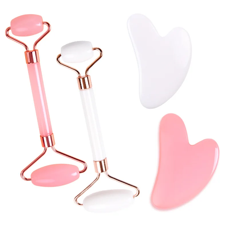 ZONZHU Cosmetic Wholesale Cheap Pink And White Spa Guasha Resin Material Beautiful Face Massager Gua Sha And Roller Set