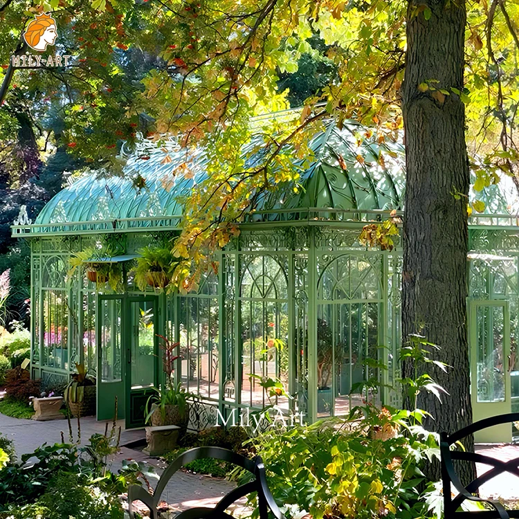 Hot Sale Luxury Design Outdoor Wrought Iron Gazebo Metal Greenhouse with Glass