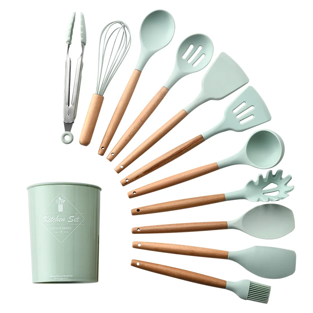 11 Pcs Silicone Cooking Utensils Kitchen Utensils Set Heat Resistant Wooden Handle Silicone Cooking Kitchen Utensils Set