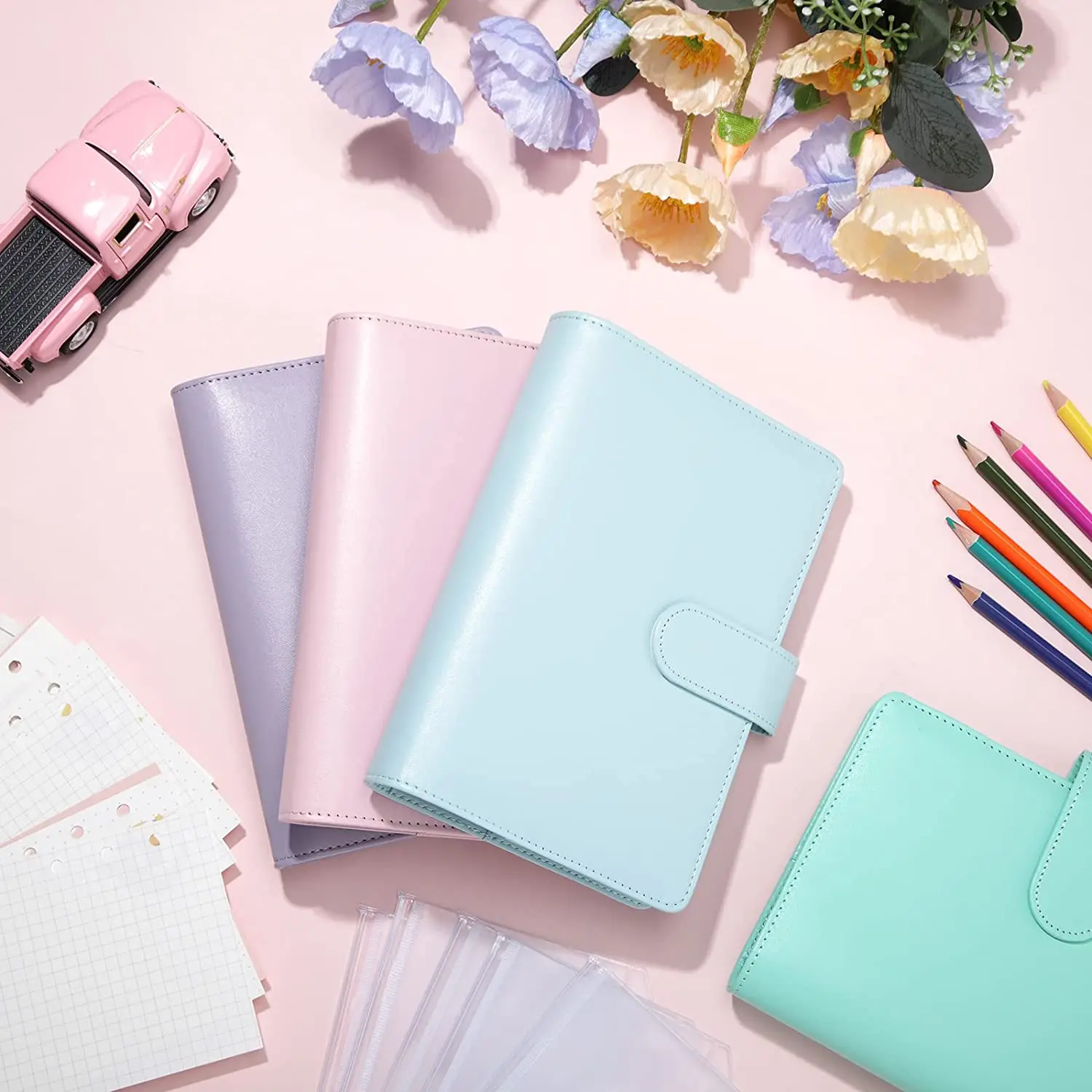 Custom A6 PU Leather Budget Binder with 12PCS A6 Binder Pockets 6 Ring Binder Loose Leaf Bags Cash Budget Envelopes