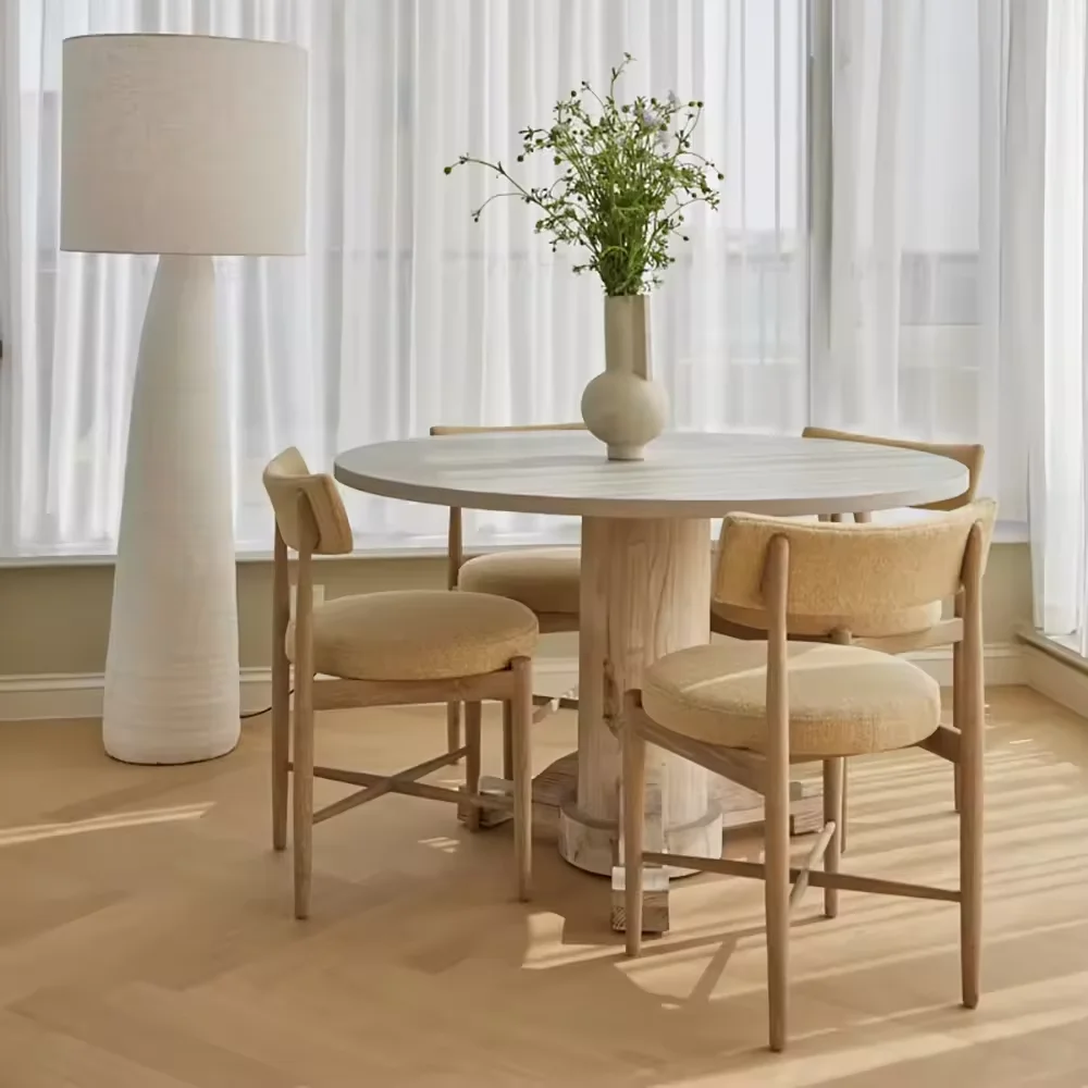 Modern Retro Oak Wooden Chair Comfortable Solid Fabric Dining Table PU Hotels Home Kitchen Hall Mall Farmhouse-Style Villas