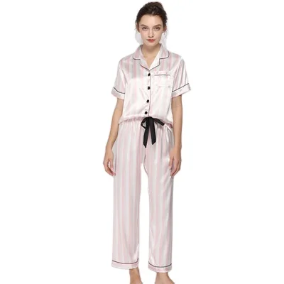 China Fashion Hot Women Classic Satin Striped Long Sleeve Sleepwear Garment Pajamas Set