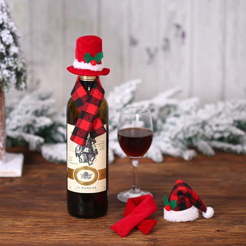 Christmas Wine Bottle Bags Cover Red Hat Scarf Xams Party Decoration Mini Santa Hat Christmas Wine Bottle Covers Home Decoration