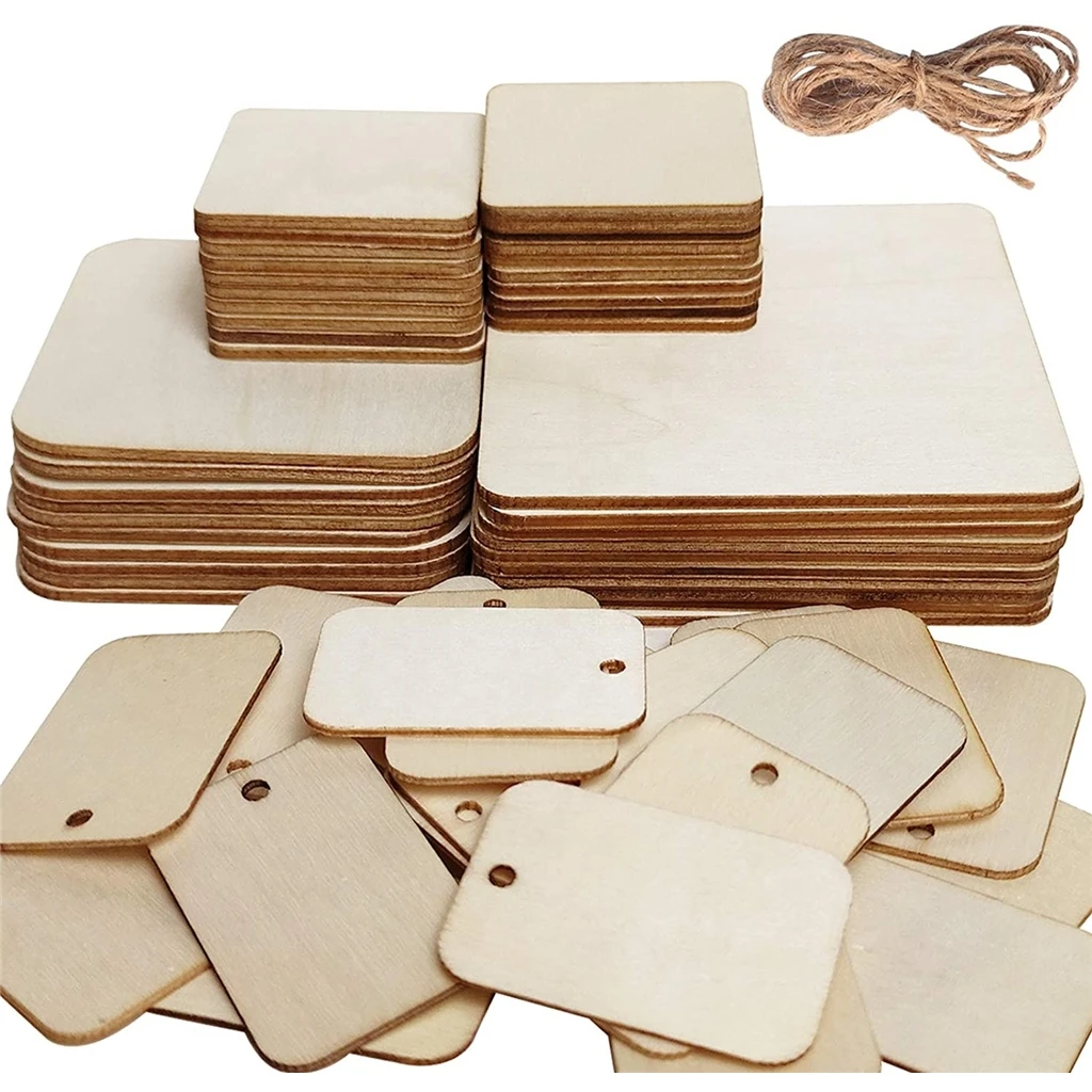 65pcs Unfinished Hanging Blank Wood Squares Cutouts Wooden Rectangle Craft For Pyrography
