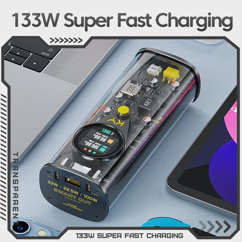 New Transparent 130W PD100 Portable Power Banks Usb C Fast Charging 20000Mah Powerbank Laptop Power Bank For Macbook