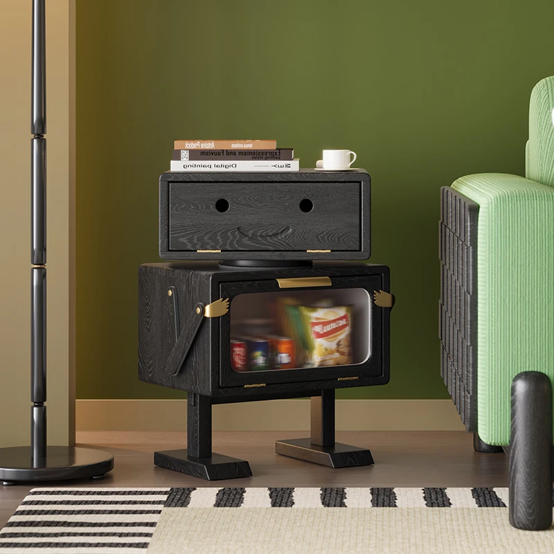 Solid Wood Retro Style Robot Bedside Cabinet with Rattan Small Bedroom Storage Cabinet