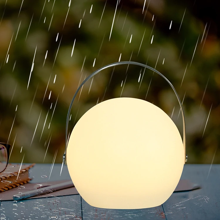 Ip44 Waterproof Outdoor Sphere Table Lamp High Quality Plastic Cordless USB Rechargeable Portable LED Table Lamp With Handle
